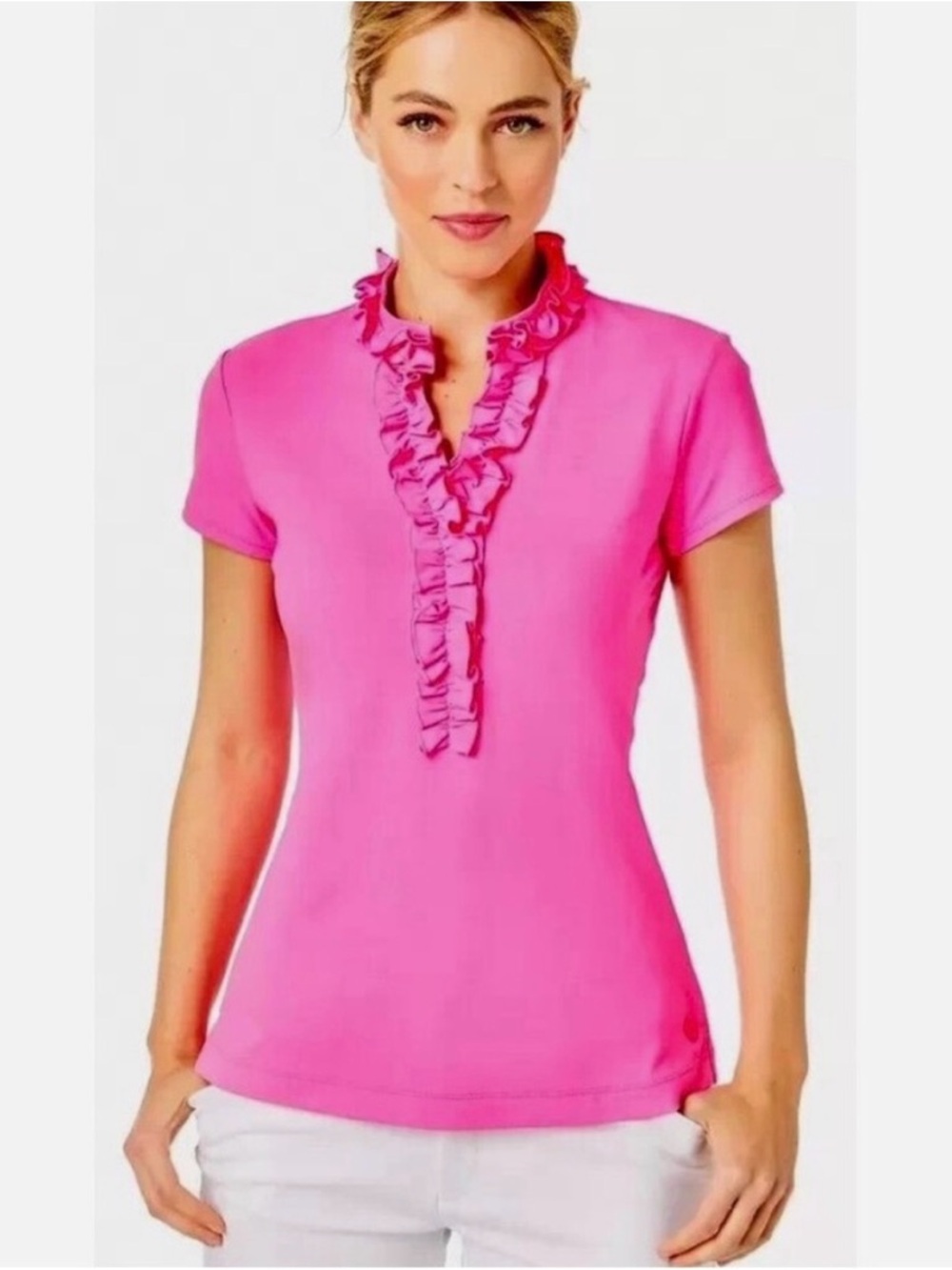 Lilly Pulitzer Hot Pink Ruffle V-Neck Short Sleeve Top